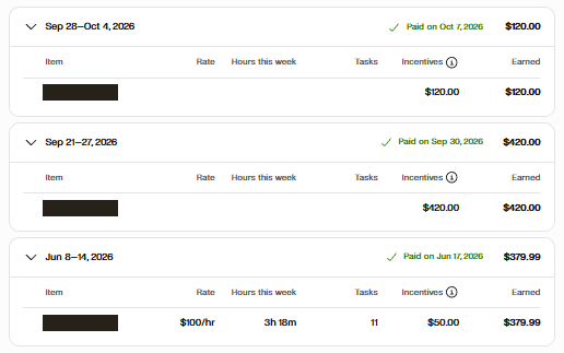 My Handshake AI earnings for three weeks: $379.99 for June 8–14 at $100/hr, and $420 and $120 in incentives in late September and early October 2026