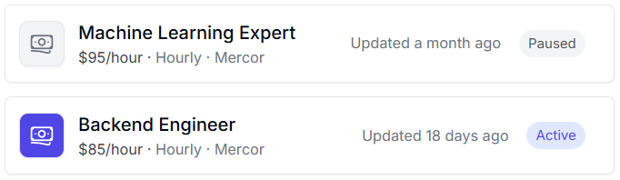 My two Mercor contracts: Machine Learning Expert at $95 per hour, paused, and Backend Engineer at $85 per hour, active